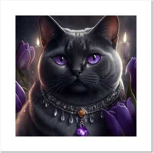 Black British Shorthair Cat With Tulips Posters and Art